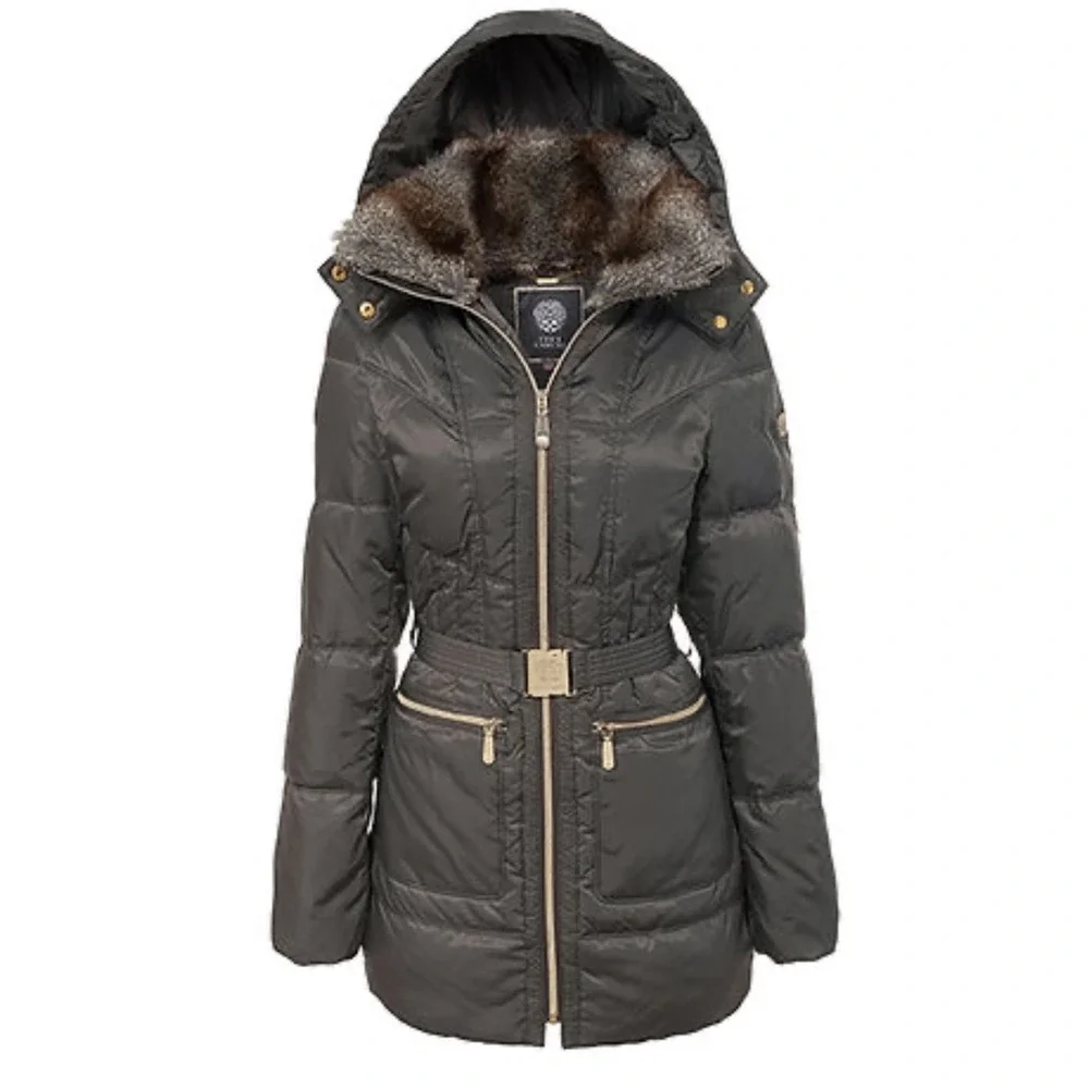 Vince Camuto Women's Black Belted Faux Fur Hooded Down Puffer‎ Coat Size M